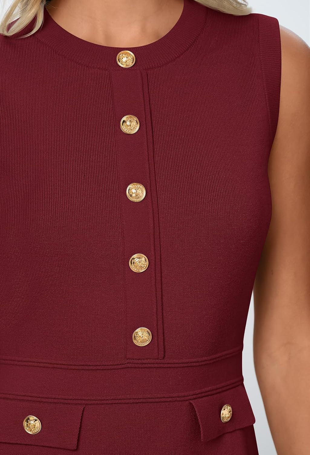 Womens Summer Business Casual Mini Sweater Dress | Sleeveless, Button Down, Formal Work Office Short Dress 2026, Elegant Church Dress, a Line Shape, Knitted Fabric Crewneck