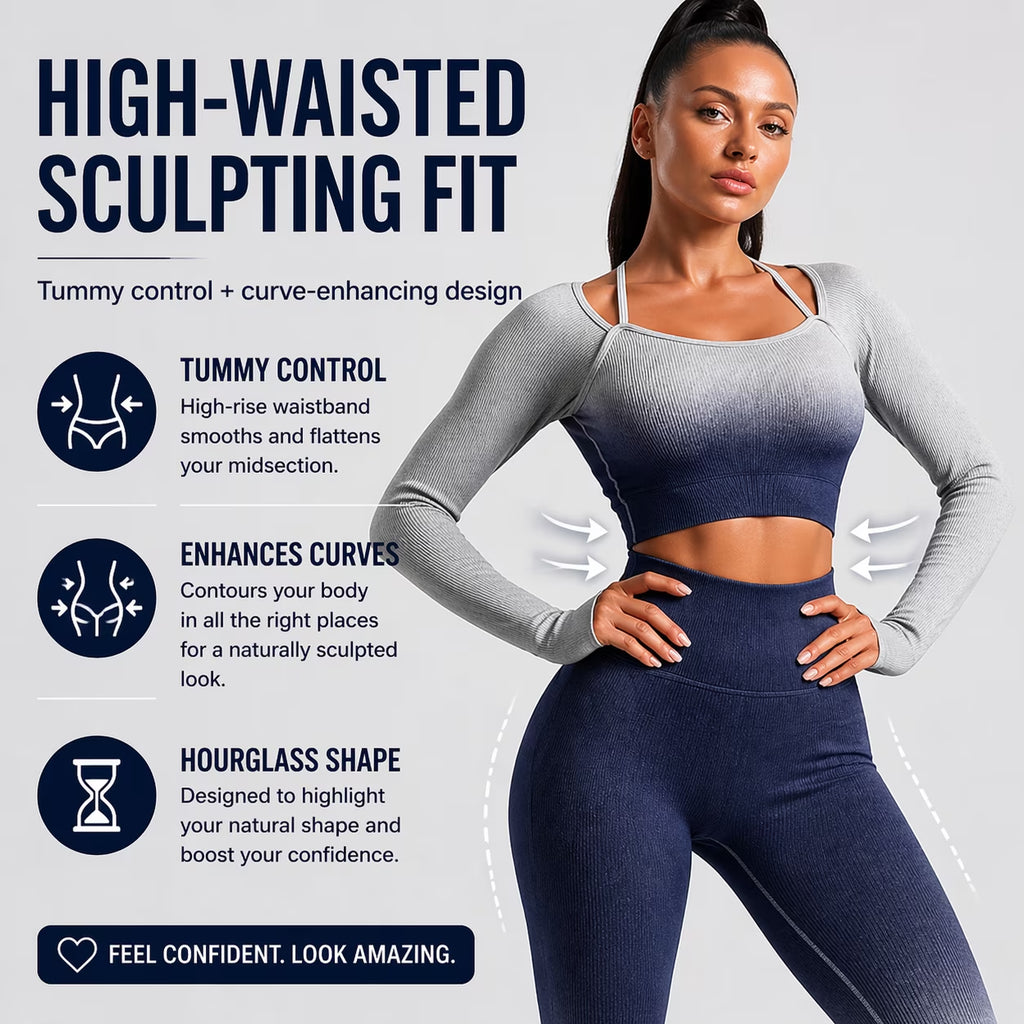 CORPOAMOR Women'S Fitness Clothing Gym Outfit and Yoga Workout Set Crop Top and High Waisted Leggings Ombre Gradient 2 Piece Set (Navy/Grey, Large)
