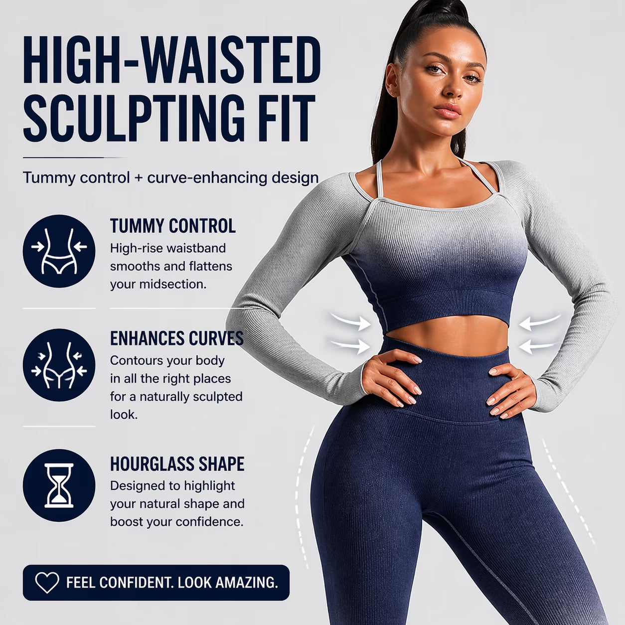 CORPOAMOR Women'S Fitness Clothing Gym Outfit and Yoga Workout Set Crop Top and High Waisted Leggings Ombre Gradient 2 Piece Set (Navy/Grey, Large)