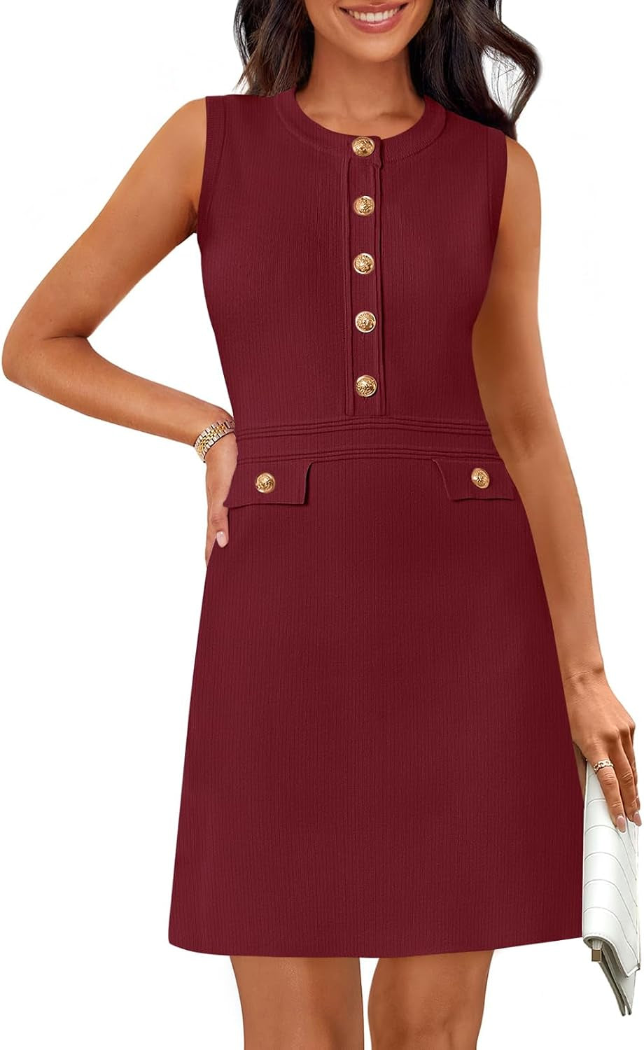 Womens Summer Business Casual Mini Sweater Dress | Sleeveless, Button Down, Formal Work Office Short Dress 2026, Elegant Church Dress, a Line Shape, Knitted Fabric Crewneck