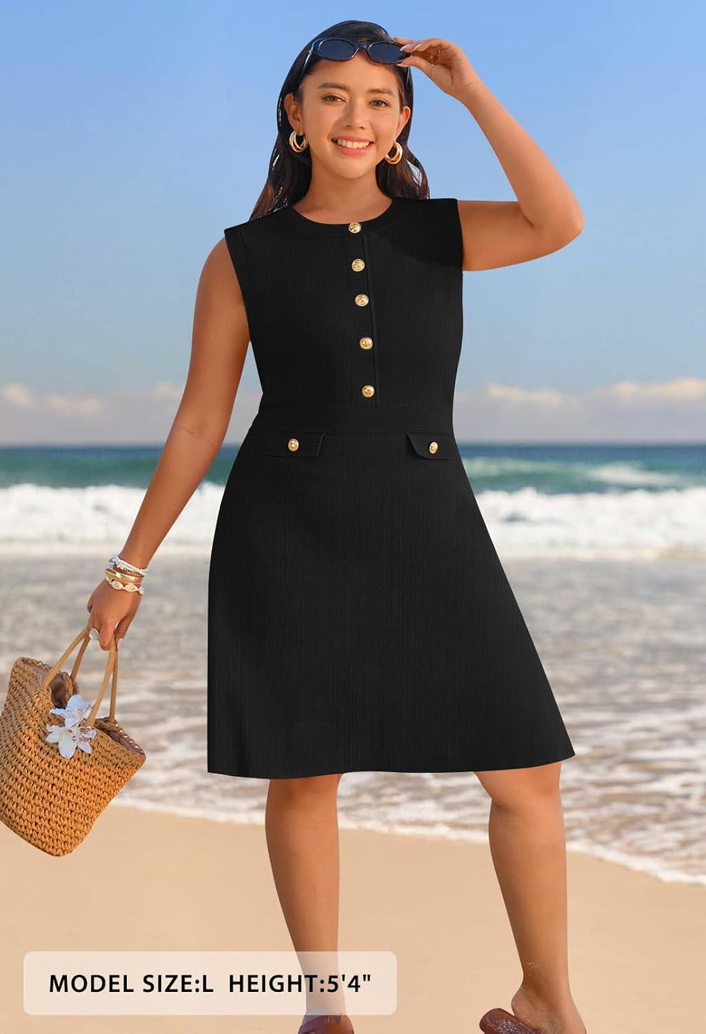 Womens Summer Business Casual Mini Sweater Dress | Sleeveless, Button Down, Formal Work Office Short Dress 2026, Elegant Church Dress, a Line Shape, Knitted Fabric Crewneck