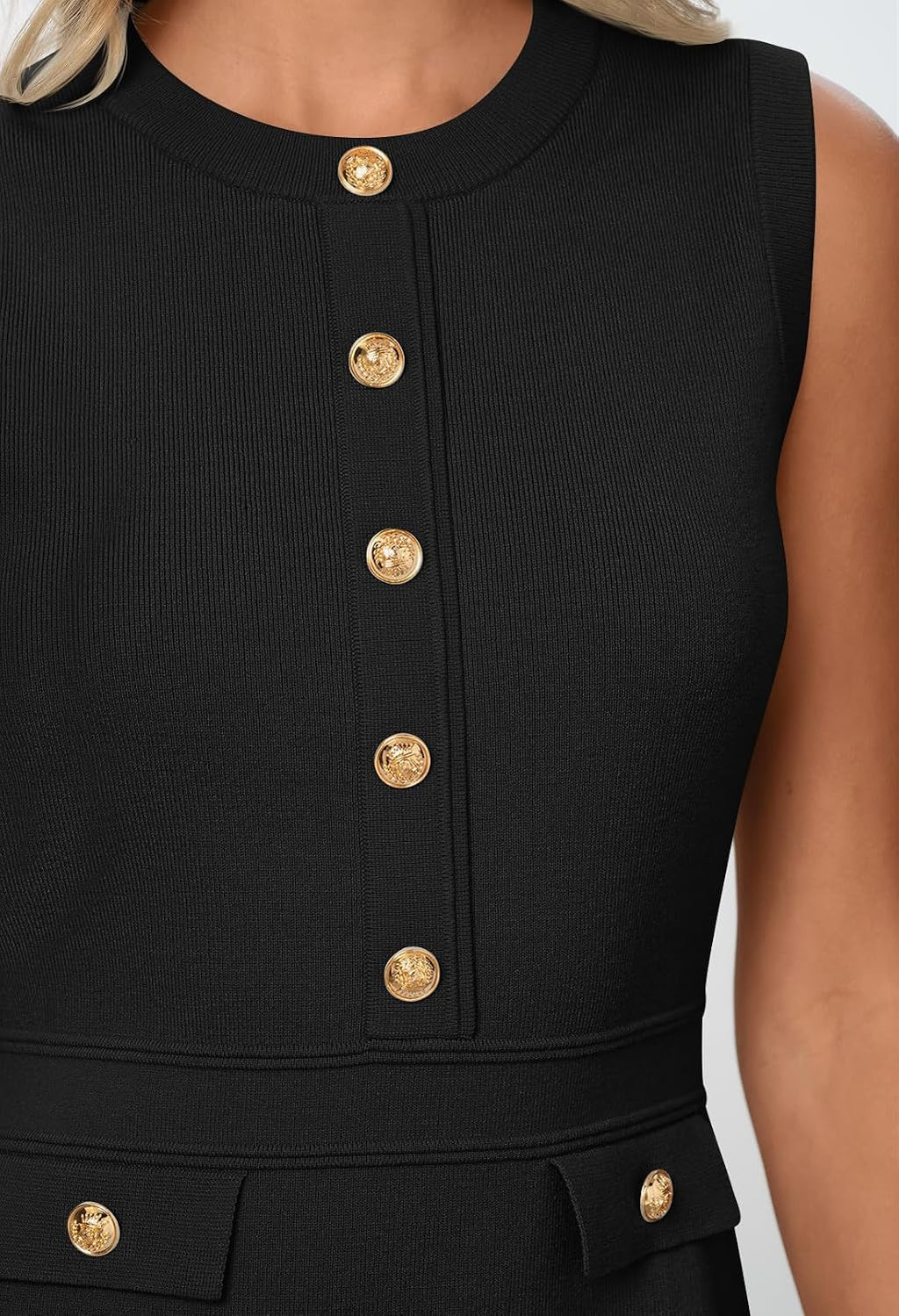 Womens Summer Business Casual Mini Sweater Dress | Sleeveless, Button Down, Formal Work Office Short Dress 2026, Elegant Church Dress, a Line Shape, Knitted Fabric Crewneck
