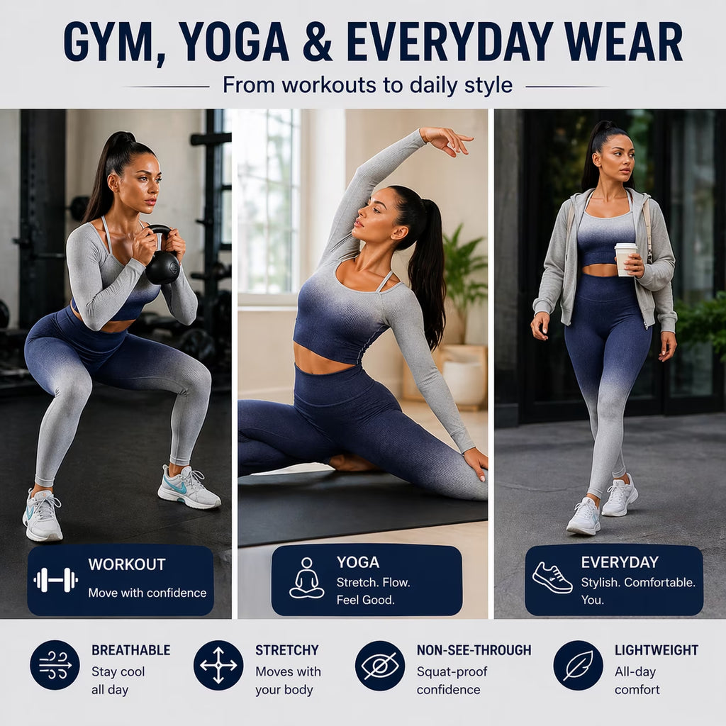 CORPOAMOR Women'S Fitness Clothing Gym Outfit and Yoga Workout Set Crop Top and High Waisted Leggings Ombre Gradient 2 Piece Set (Navy/Grey, Large)