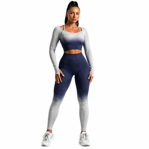 CORPOAMOR Women'S Fitness Clothing Gym Outfit and Yoga Workout Set Crop Top and High Waisted Leggings Ombre Gradient 2 Piece Set (Navy/Grey, Large)