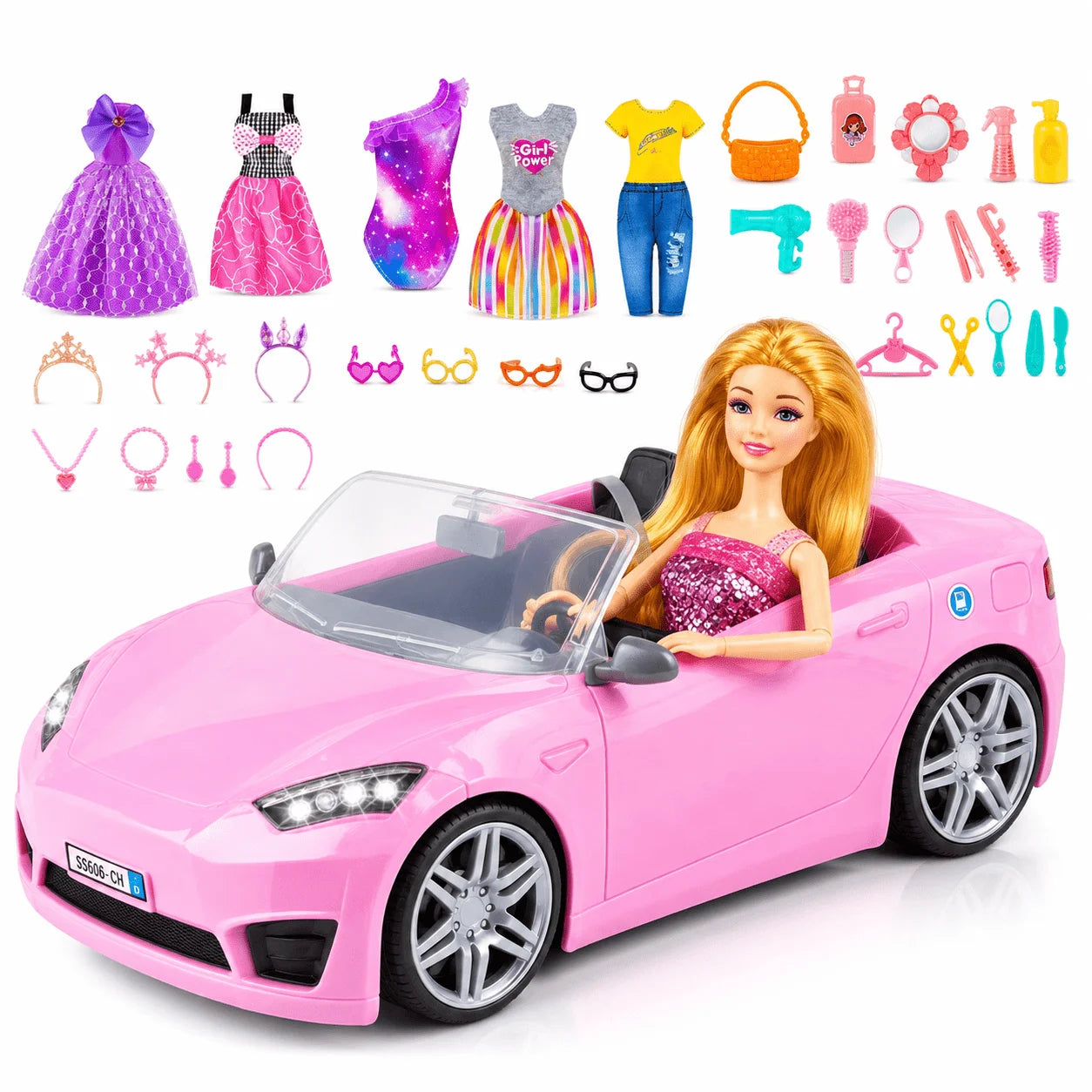 76Pcs Doll and Convertible Car Playset with 11.5" Fashion Doll, Princess Dresses, Casual Outfits, Swimsuits, Shoes & Accessories - Creative Dress-Up Toy Gift for Girls