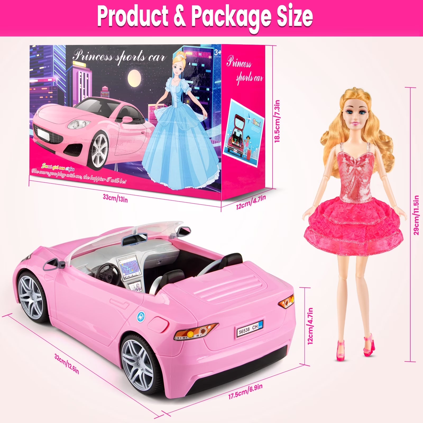 76Pcs Doll and Convertible Car Playset with 11.5" Fashion Doll, Princess Dresses, Casual Outfits, Swimsuits, Shoes & Accessories - Creative Dress-Up Toy Gift for Girls