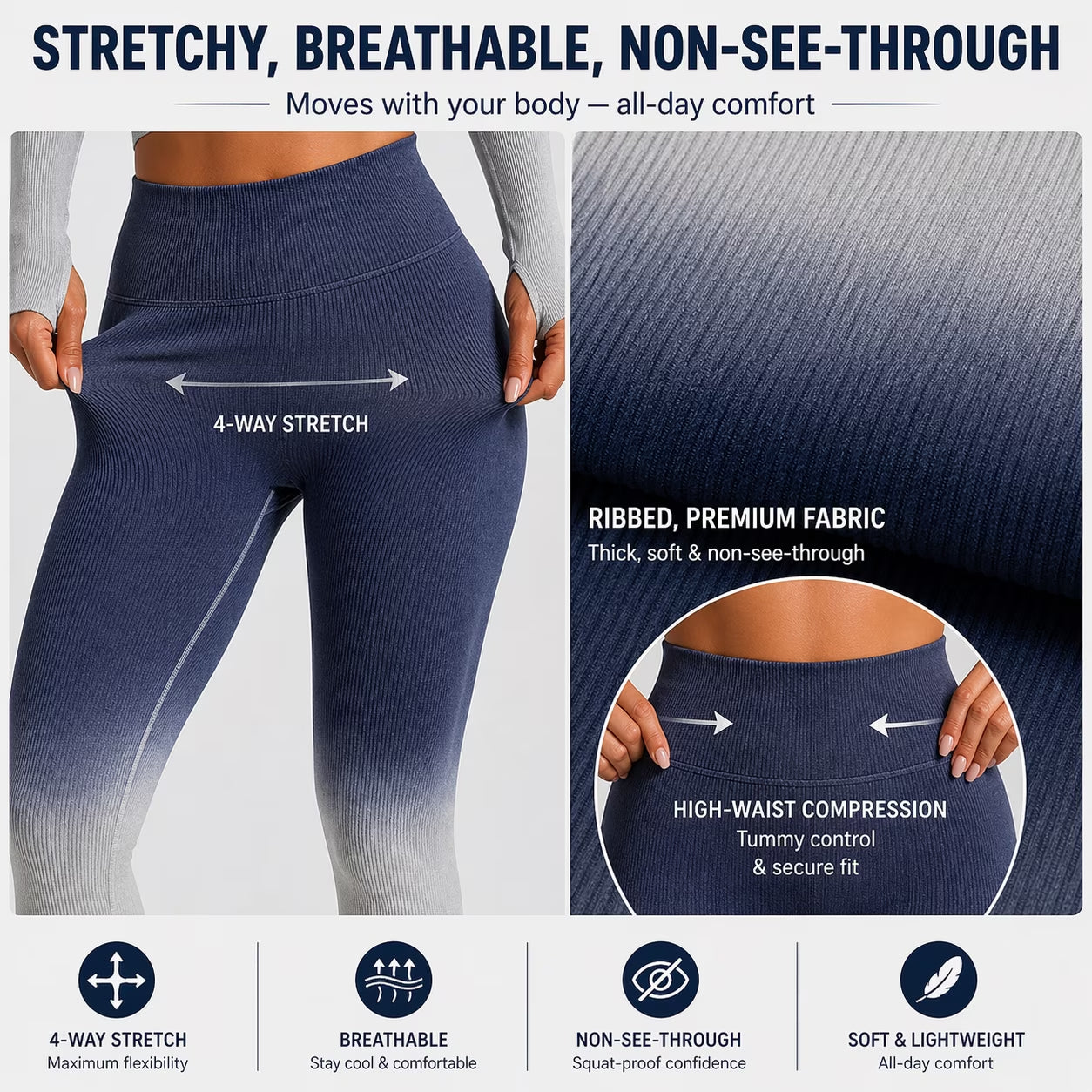 CORPOAMOR Women'S Fitness Clothing Gym Outfit and Yoga Workout Set Crop Top and High Waisted Leggings Ombre Gradient 2 Piece Set (Navy/Grey, Large)