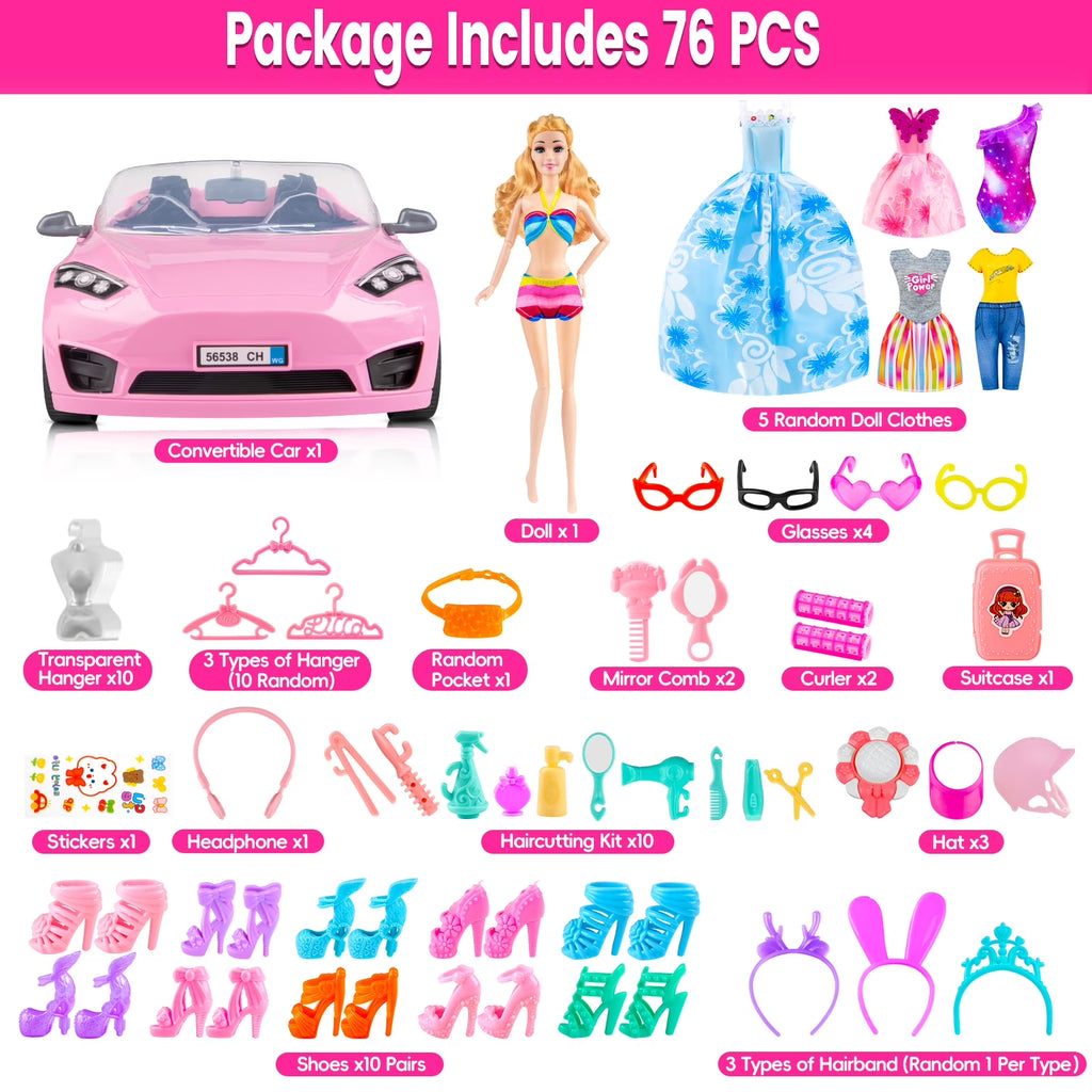 76Pcs Doll and Convertible Car Playset with 11.5" Fashion Doll, Princess Dresses, Casual Outfits, Swimsuits, Shoes & Accessories - Creative Dress-Up Toy Gift for Girls