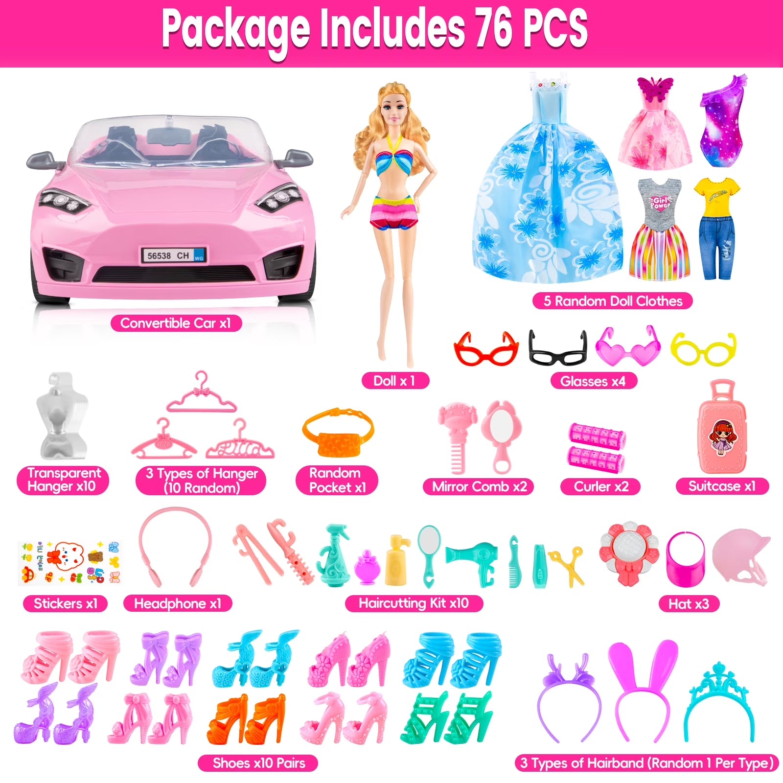 76Pcs Doll and Convertible Car Playset with 11.5" Fashion Doll, Princess Dresses, Casual Outfits, Swimsuits, Shoes & Accessories - Creative Dress-Up Toy Gift for Girls