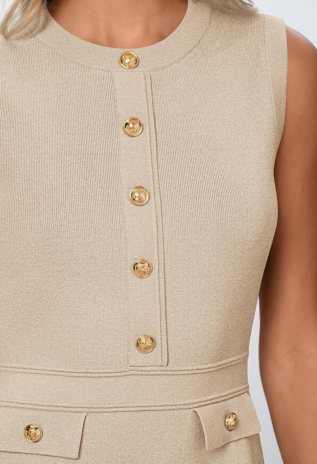 Womens Summer Business Casual Mini Sweater Dress | Sleeveless, Button Down, Formal Work Office Short Dress 2026, Elegant Church Dress, a Line Shape, Knitted Fabric Crewneck