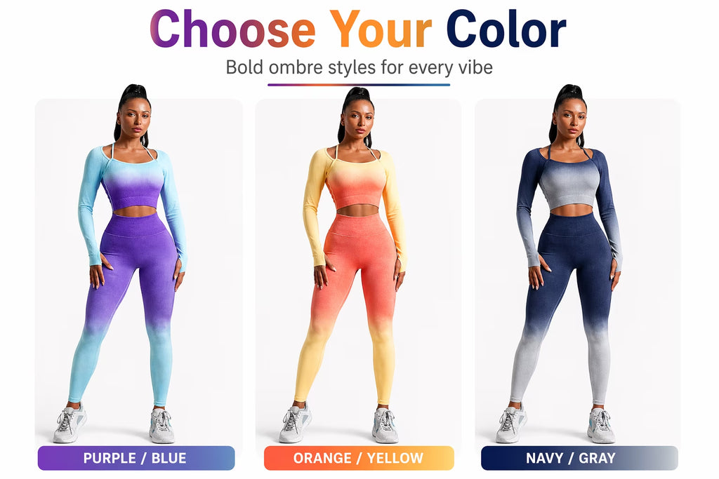 CORPOAMOR Women'S Fitness Clothing Gym Outfit and Yoga Workout Set Crop Top and High Waisted Leggings Ombre Gradient 2 Piece Set (Navy/Grey, Large)