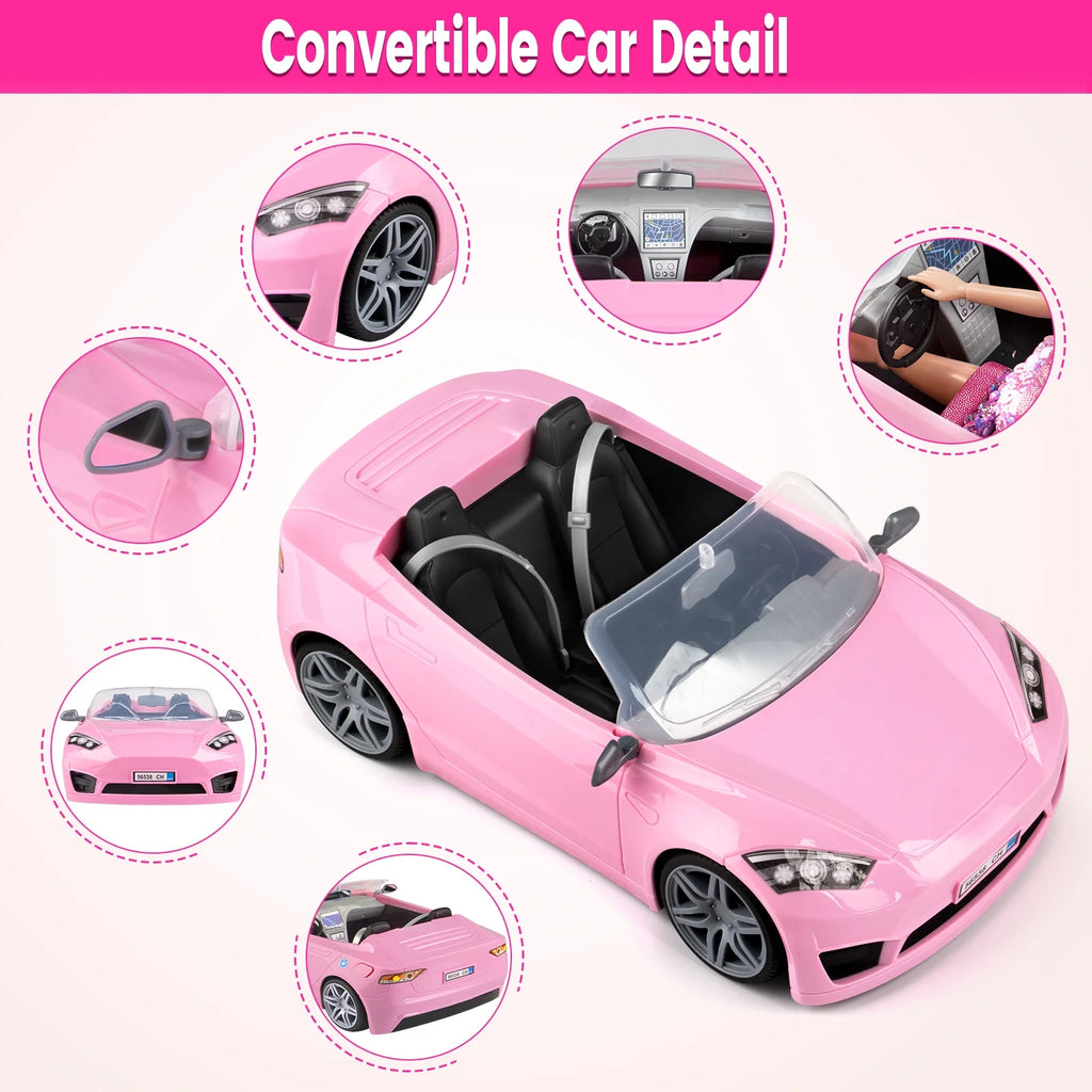 76Pcs Doll and Convertible Car Playset with 11.5" Fashion Doll, Princess Dresses, Casual Outfits, Swimsuits, Shoes & Accessories - Creative Dress-Up Toy Gift for Girls