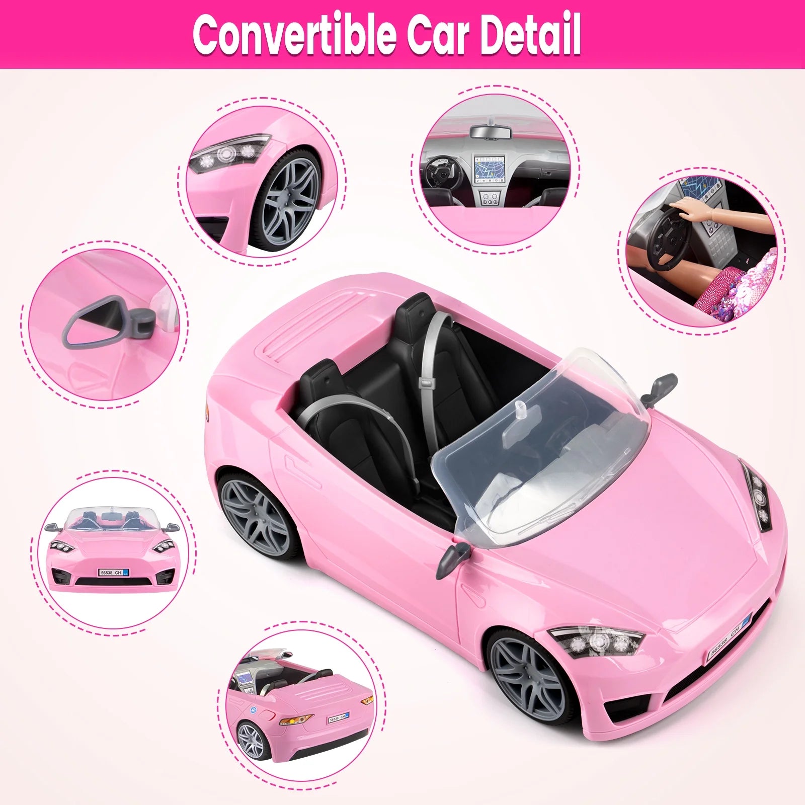 76Pcs Doll and Convertible Car Playset with 11.5" Fashion Doll, Princess Dresses, Casual Outfits, Swimsuits, Shoes & Accessories - Creative Dress-Up Toy Gift for Girls