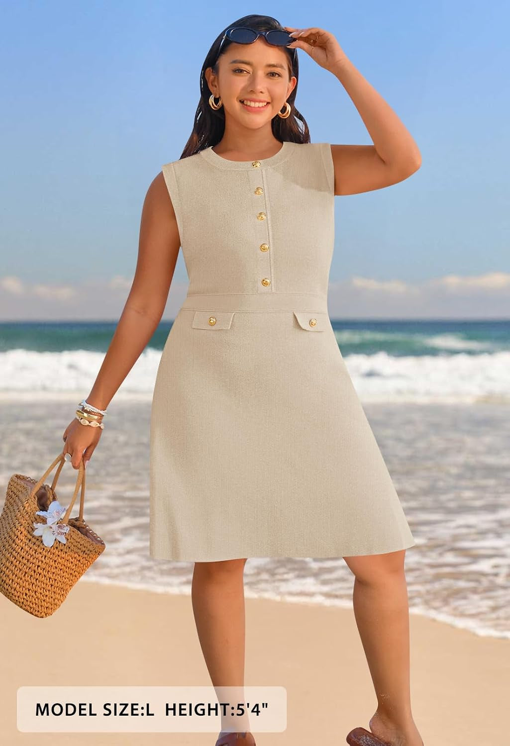 Womens Summer Business Casual Mini Sweater Dress | Sleeveless, Button Down, Formal Work Office Short Dress 2026, Elegant Church Dress, a Line Shape, Knitted Fabric Crewneck
