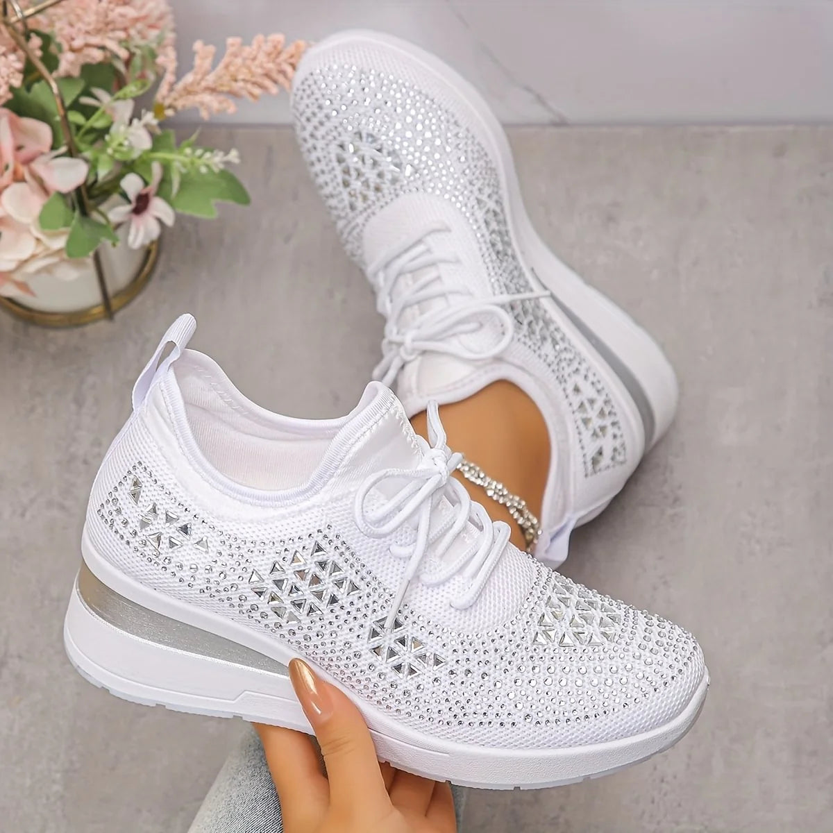 Women'S Orthopedic Sneakers with Arch Support and Rhinestones – Comfortable Lightweight Walking Shoes