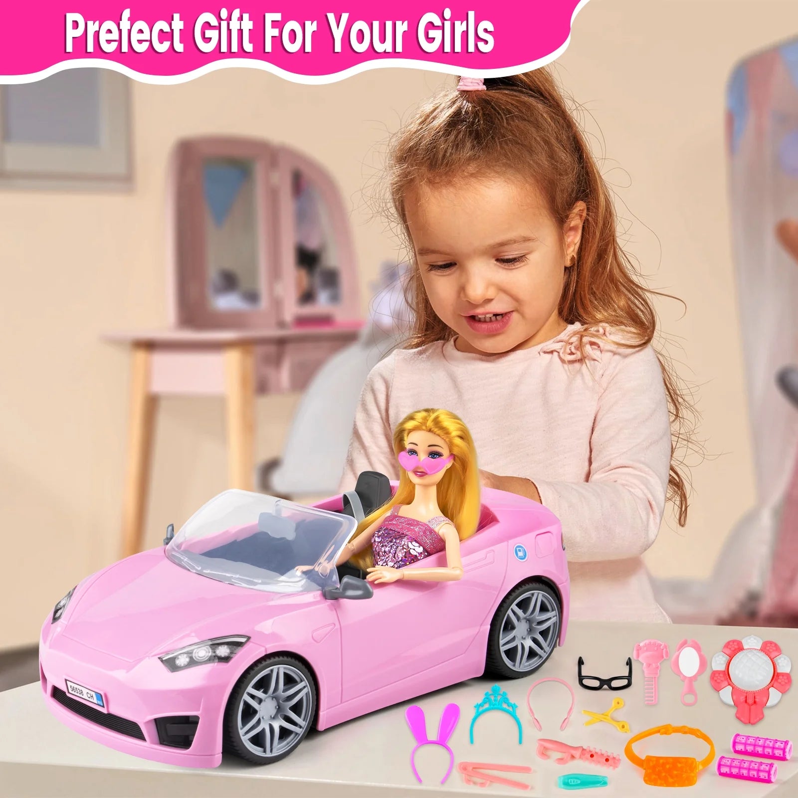 76Pcs Doll and Convertible Car Playset with 11.5" Fashion Doll, Princess Dresses, Casual Outfits, Swimsuits, Shoes & Accessories - Creative Dress-Up Toy Gift for Girls