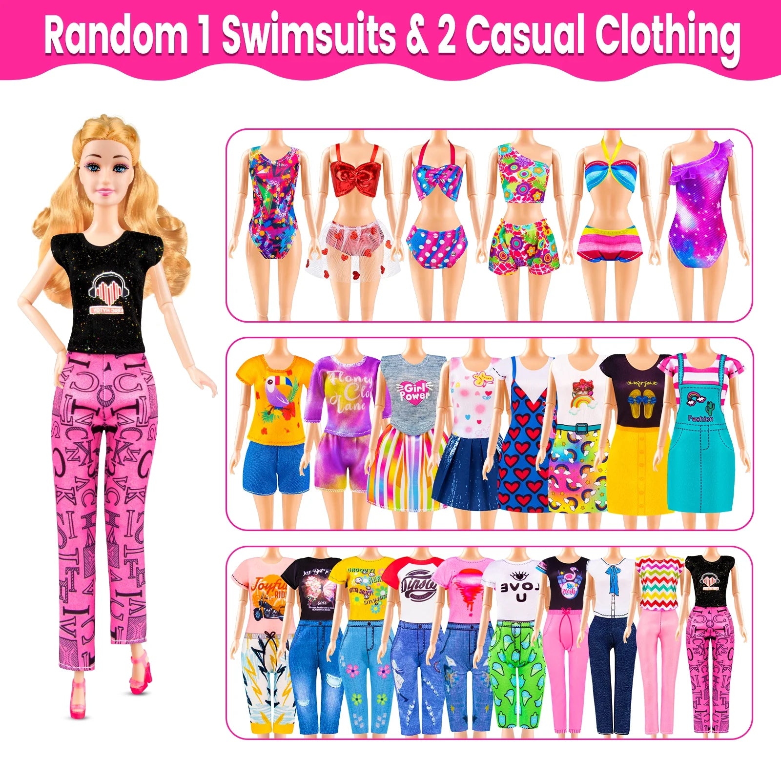 76Pcs Doll and Convertible Car Playset with 11.5" Fashion Doll, Princess Dresses, Casual Outfits, Swimsuits, Shoes & Accessories - Creative Dress-Up Toy Gift for Girls