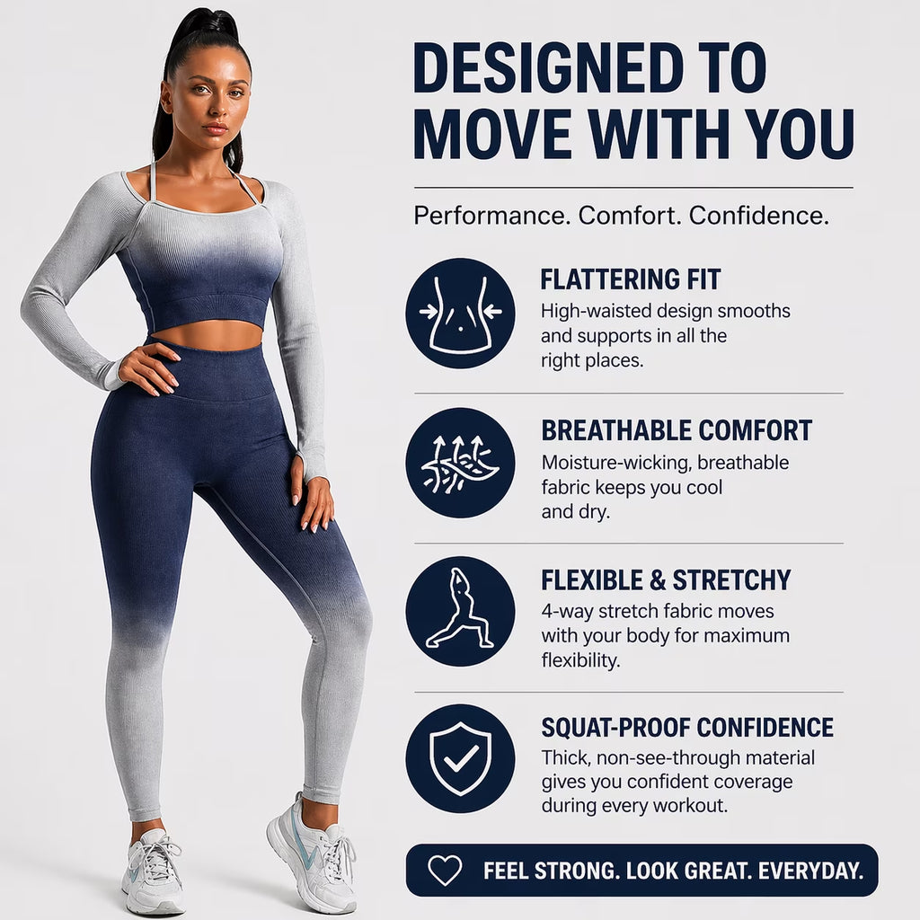 CORPOAMOR Women'S Fitness Clothing Gym Outfit and Yoga Workout Set Crop Top and High Waisted Leggings Ombre Gradient 2 Piece Set (Navy/Grey, Large)
